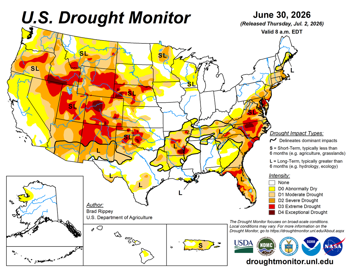 us drought monitor map. Widespread dry and drought conditions in the western half of the US, the East Coast and Florida. Improvement in the southeast but drought remains in parts of the Mississippi an