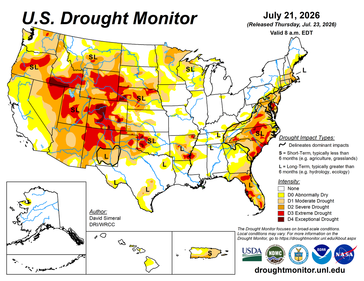 Near Normal conditions at Cheviot OH 3.4W. Widespread dry and drought conditions in the western half of the US, the East Coast and Florida. Drought improvements in parts of the Mississippi and Tenness