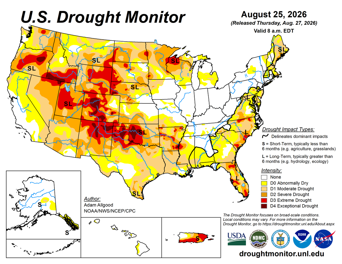 Widespread dry and drought conditions in the western half of the US, the East Coast, Florida, and in parts of the Mississippi and Tennessee valleys.  (US Drought Monitor does not include rains since A