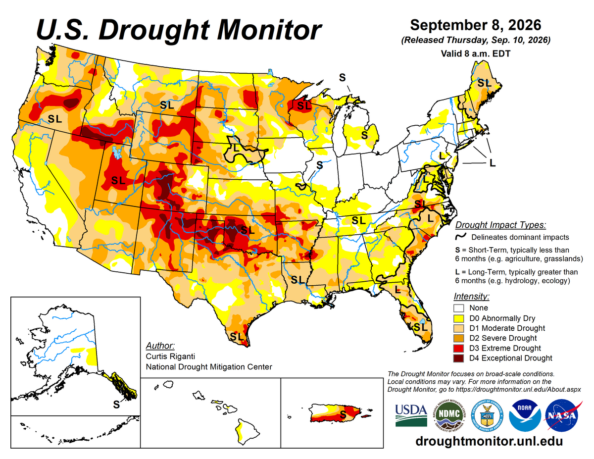 Widespread dry and drought conditions in the western half of the US, the East Coast, Florida, and in parts of the Mississippi valley.  (US Drought Monitor does not include rains since September 8, 202