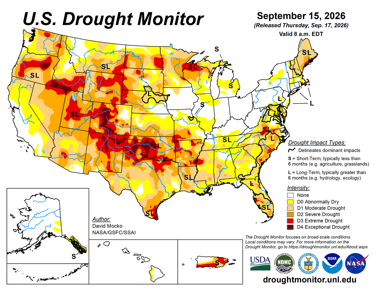 Mildly Wet conditions at Cheviot OH 3.4W. Widespread dry and drought conditions in the western half of the US, the East Coast, Florida, and in parts of the Mississippi valley.  (US Drought Monitor doe