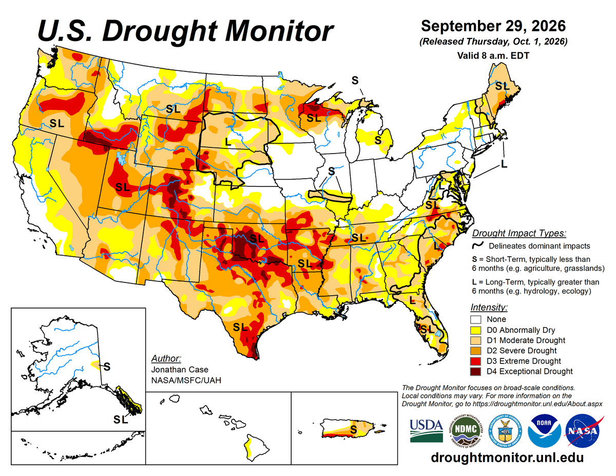 Widespread dry and drought conditions in the western half of the US, the East Coast, Florida, the South, and much of the Mississippi Valley.  (US Drought Monitor does not include rains since September