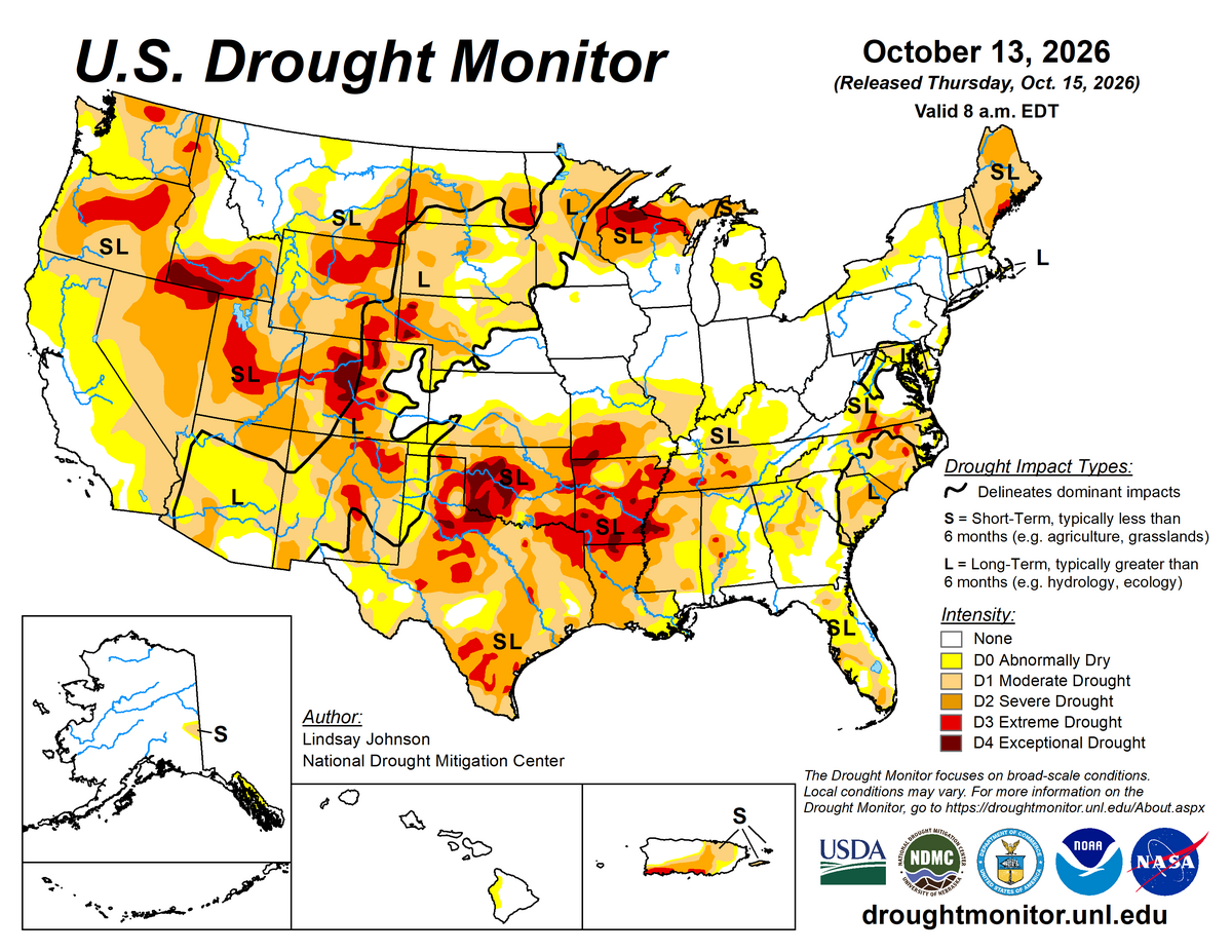 Widespread dry and drought conditions in the western half of the US, the northern Great Lakes and Mississippi Valley, the South, the Southeast, and northern New England.  (US Drought Monitor does not 