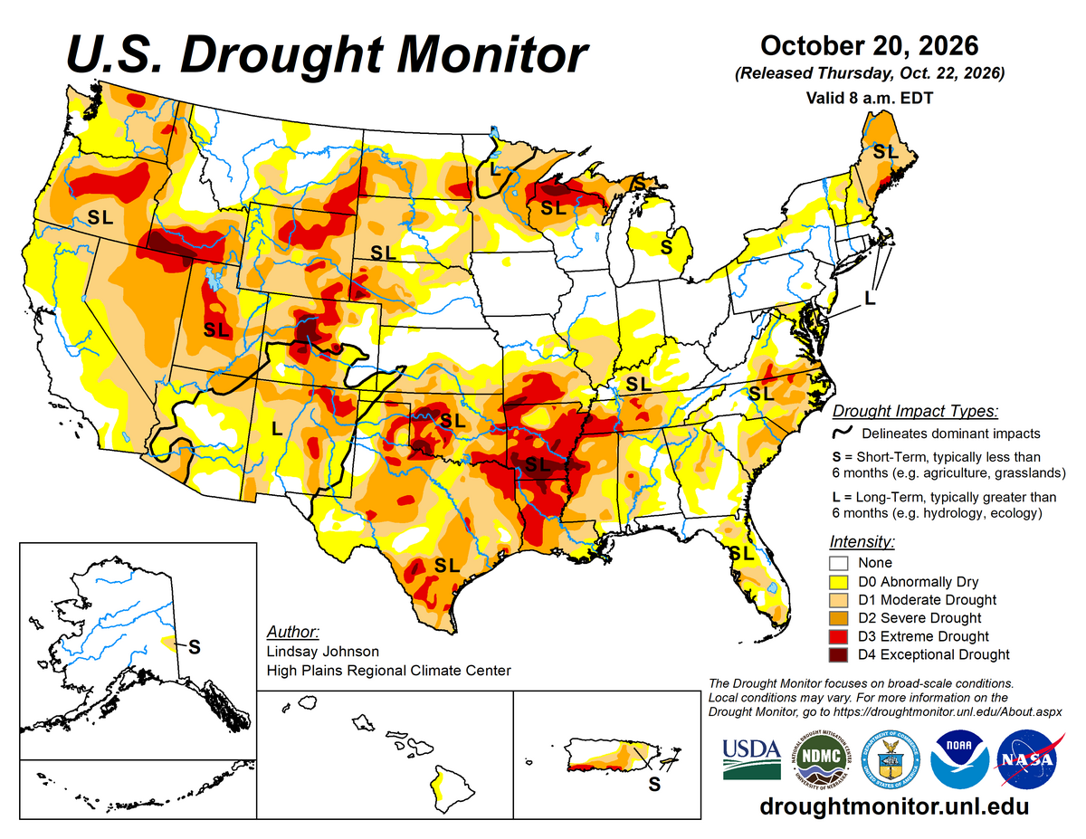 Widespread dry and drought conditions in the western half of the US, the northern Great Lakes and Mississippi Valley, the South, the Southeast, and northern New England.  (US Drought Monitor does not 